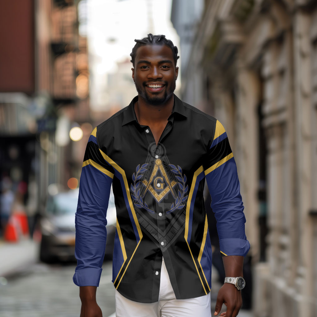 Personalized Prince Hall Freemasonry Long Sleeve Button Shirt Royal Blue Gold Masonic Geometric Legacy Graphic