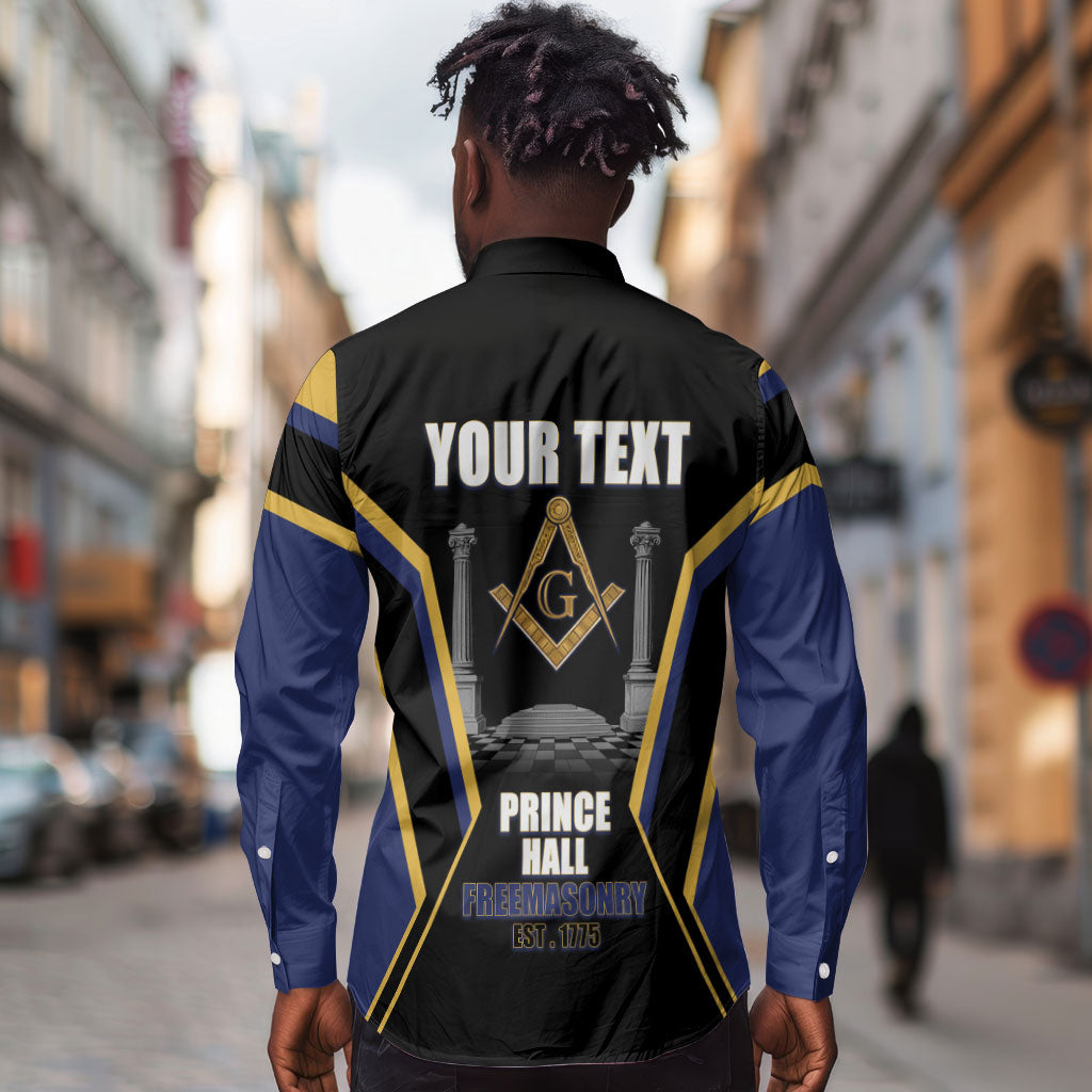 Personalized Prince Hall Freemasonry Long Sleeve Button Shirt Royal Blue Gold Masonic Geometric Legacy Graphic