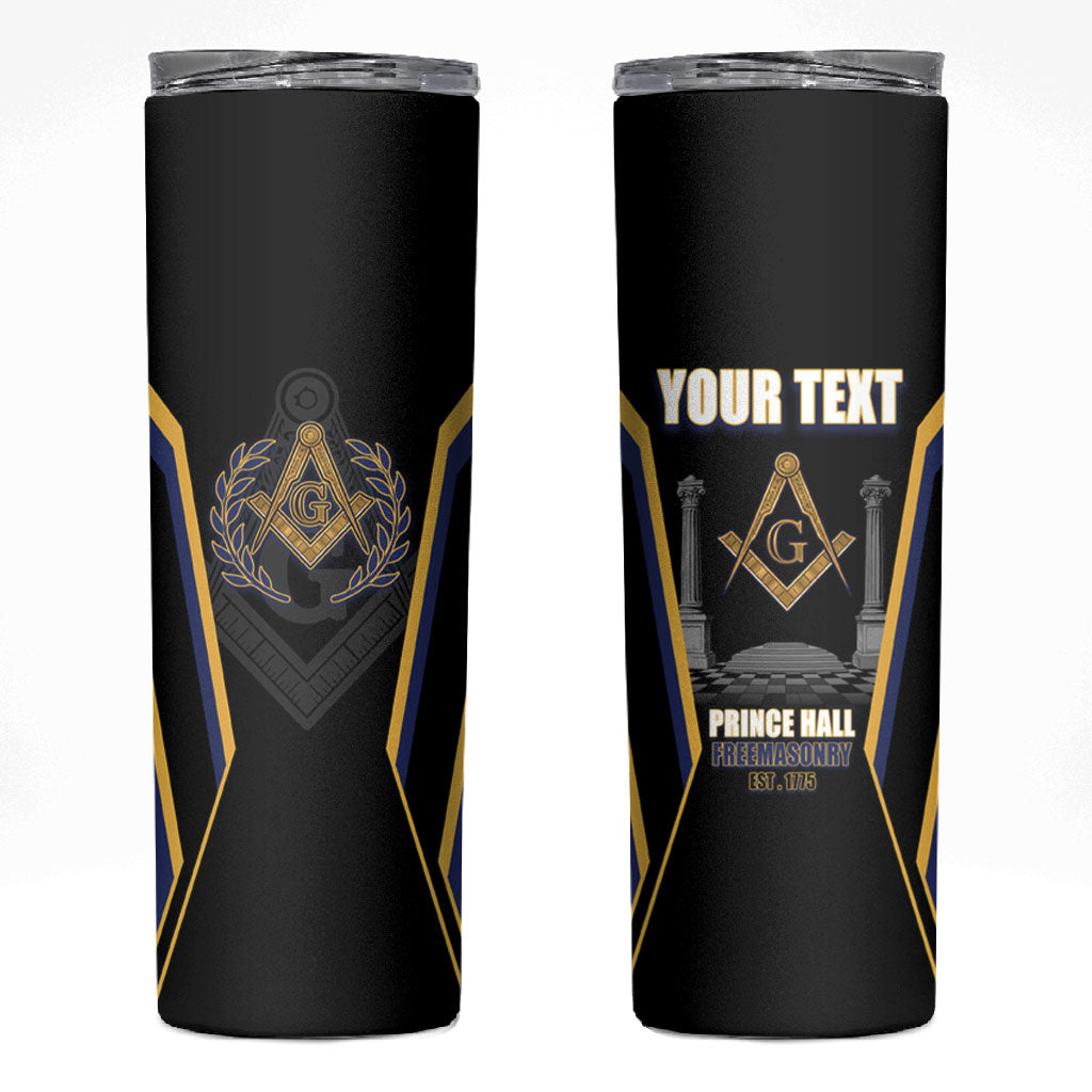 Personalized Prince Hall Freemasonry Skinny Tumbler Royal Blue Gold Masonic Geometric Legacy Graphic