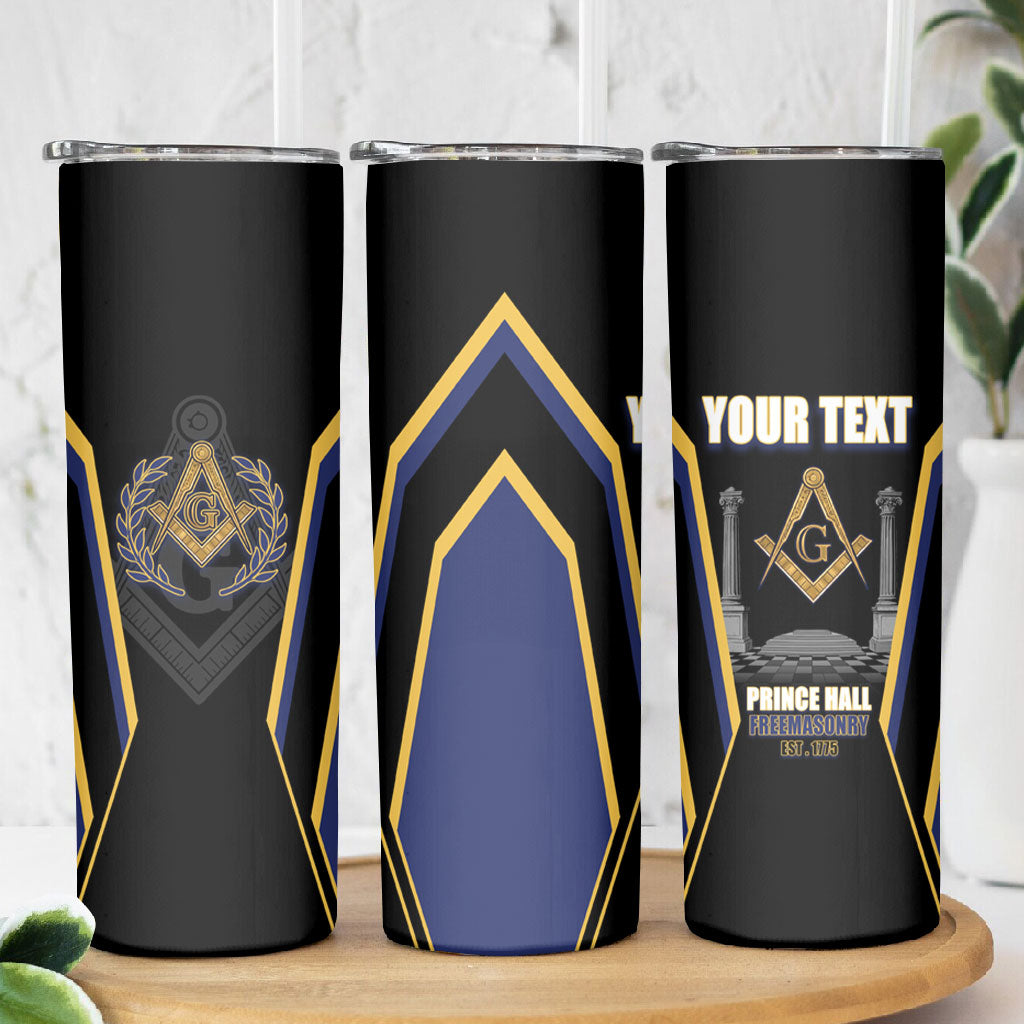 Personalized Prince Hall Freemasonry Skinny Tumbler Royal Blue Gold Masonic Geometric Legacy Graphic