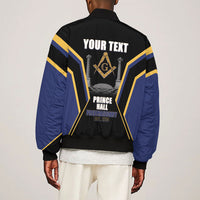 Personalized Prince Hall Freemasonry Sleeve Zip Bomber Jacket Royal Blue Gold Masonic Geometric Legacy Graphic