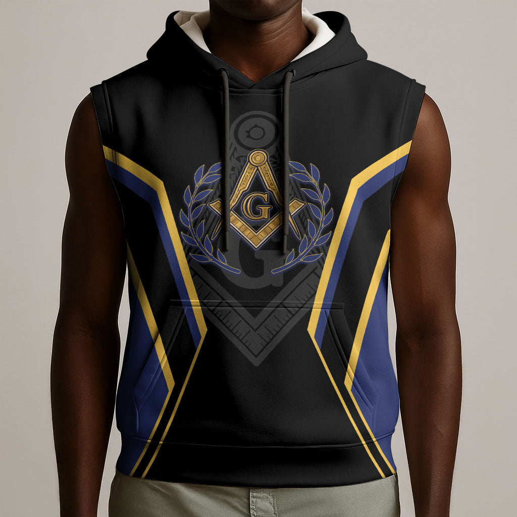 Personalized Prince Hall Freemasonry Sleeveless Hoodie Royal Blue Gold Masonic Geometric Legacy Graphic