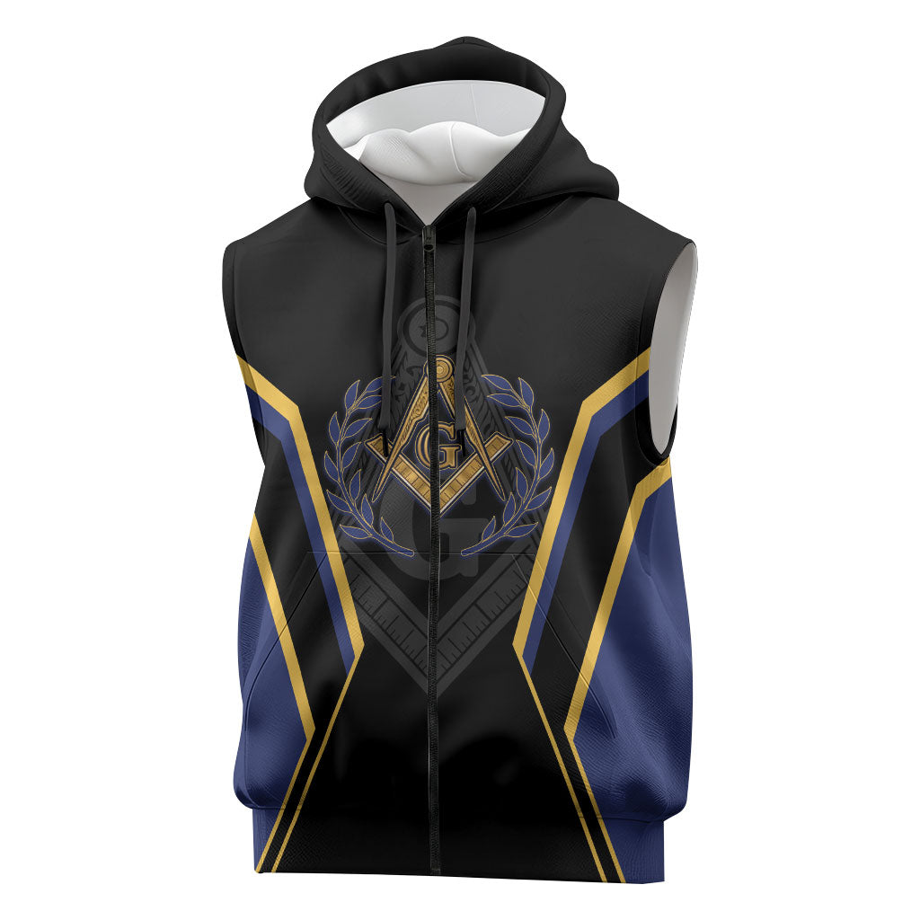 Personalized Prince Hall Freemasonry Sleeveless Zip Hoodie Royal Blue Gold Masonic Geometric Legacy Graphic