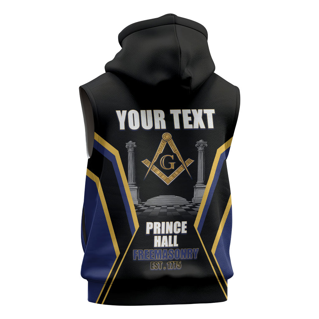 Personalized Prince Hall Freemasonry Sleeveless Zip Hoodie Royal Blue Gold Masonic Geometric Legacy Graphic