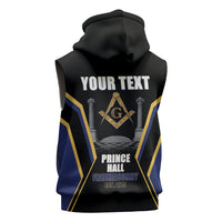 Personalized Prince Hall Freemasonry Sleeveless Zip Hoodie Royal Blue Gold Masonic Geometric Legacy Graphic