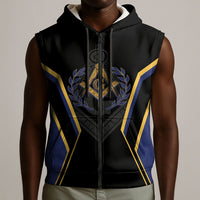 Personalized Prince Hall Freemasonry Sleeveless Zip Hoodie Royal Blue Gold Masonic Geometric Legacy Graphic