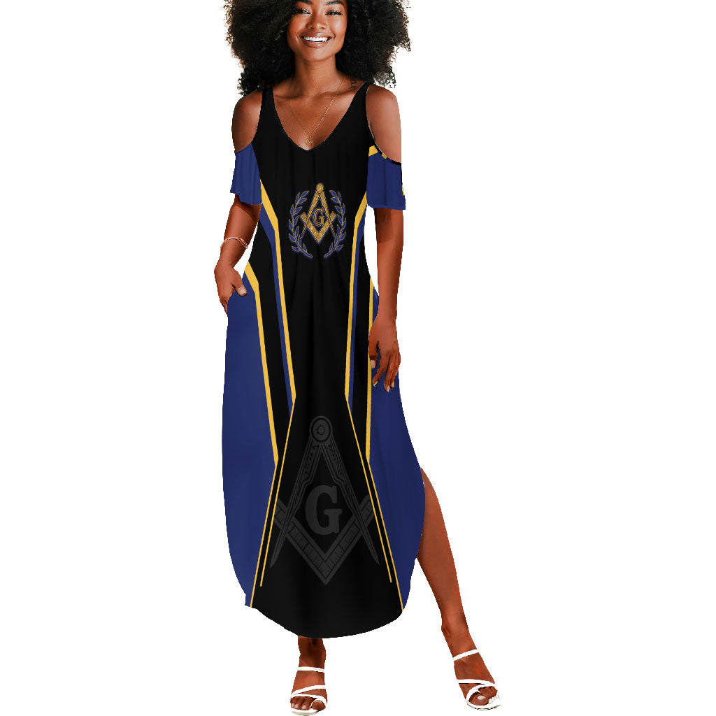 Personalized Prince Hall Freemasonry Summer Maxi Dress Royal Blue Gold Masonic Geometric Legacy Graphic