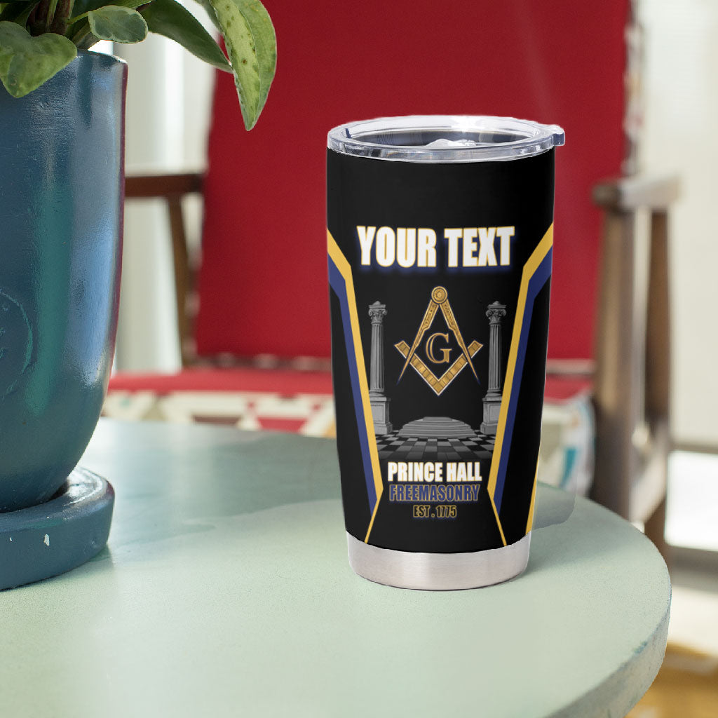 Personalized Prince Hall Freemasonry Tumbler Cup Royal Blue Gold Masonic Geometric Legacy Graphic
