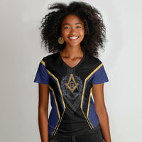 Personalized Prince Hall Freemasonry Women V-Neck T-Shirt Royal Blue Gold Masonic Geometric Legacy Graphic