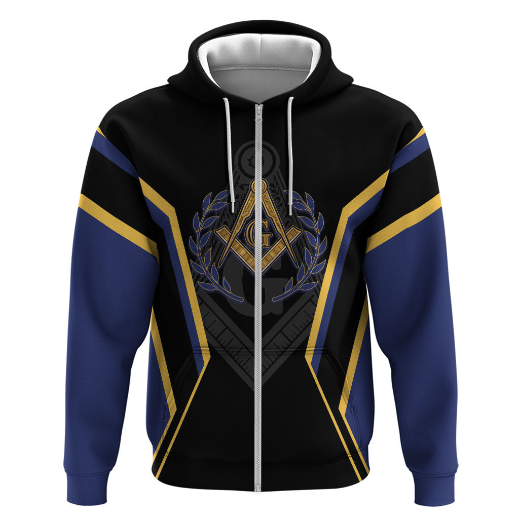 Personalized Prince Hall Freemasonry Zip Hoodie Royal Blue Gold Masonic Geometric Legacy Graphic
