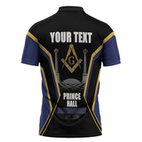 Personalized Prince Hall Freemasonry Zipper Polo Shirt Royal Blue Gold Masonic Geometric Legacy Graphic