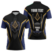 Personalized Prince Hall Freemasonry Zipper Polo Shirt Royal Blue Gold Masonic Geometric Legacy Graphic