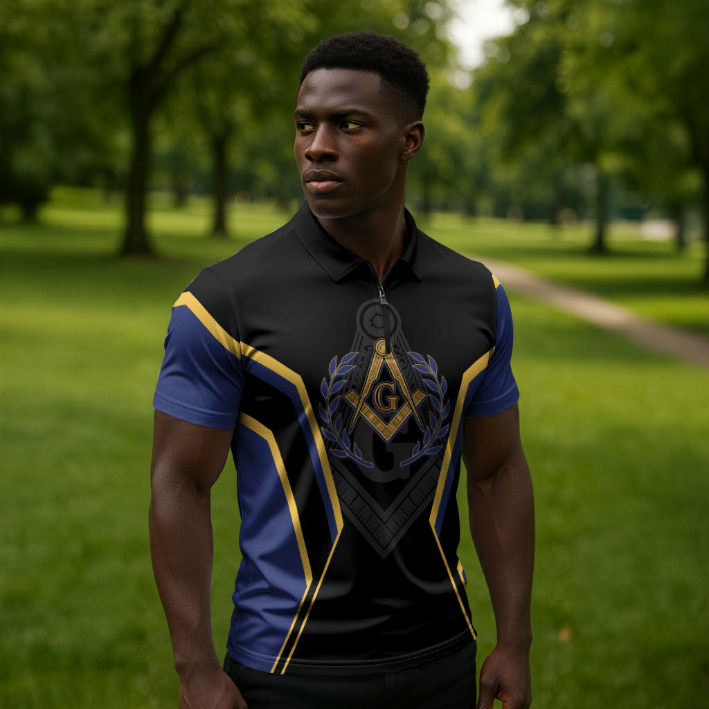 Personalized Prince Hall Freemasonry Zipper Polo Shirt Royal Blue Gold Masonic Geometric Legacy Graphic