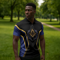 Personalized Prince Hall Freemasonry Zipper Polo Shirt Royal Blue Gold Masonic Geometric Legacy Graphic