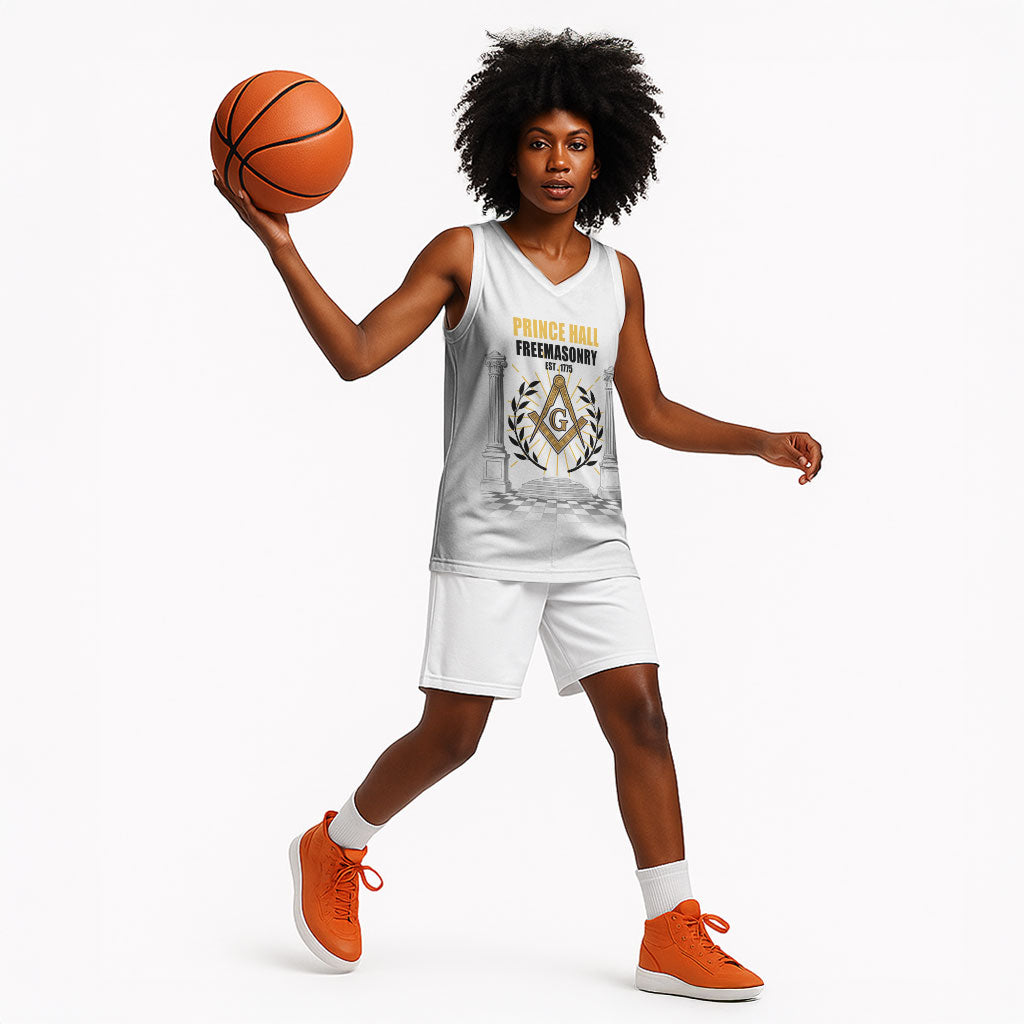 Personalized Prince Hall Freemasonry Basketball Jersey Masonic Square And Compass Vintage Gold Pillar Illustration
