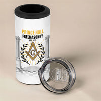 Personalized Prince Hall Freemasonry 4 in 1 Can Cooler Tumbler Masonic Square And Compass Vintage Gold Pillar Illustration