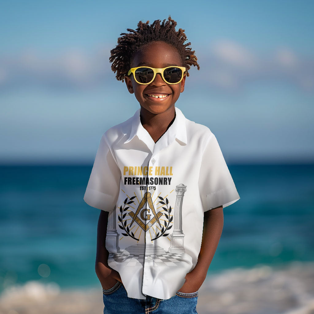 Personalized Prince Hall Freemasonry Kid Hawaiian Shirt Masonic Square And Compass Vintage Gold Pillar Illustration