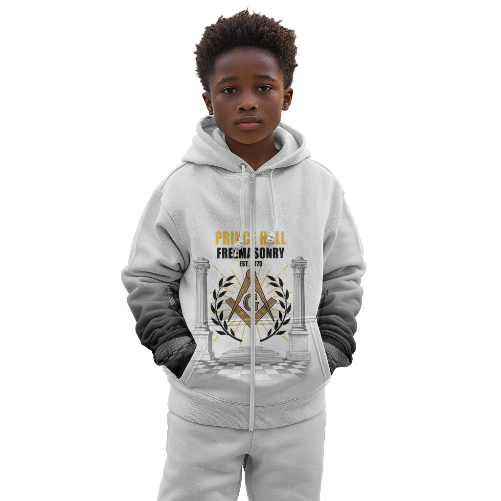 Personalized Prince Hall Freemasonry Kid Hoodie Masonic Square And Compass Vintage Gold Pillar Illustration