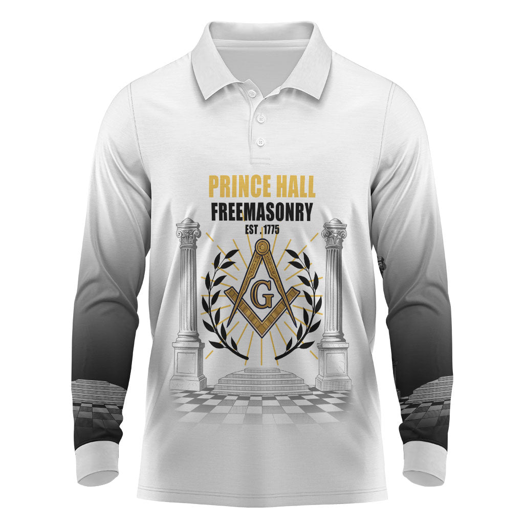 Personalized Prince Hall Freemasonry Long Sleeve Polo Shirt Masonic Square And Compass Vintage Gold Pillar Illustration