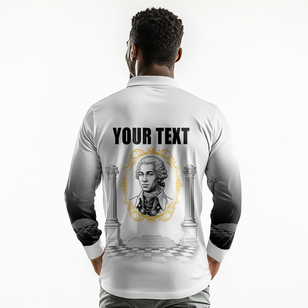 Personalized Prince Hall Freemasonry Long Sleeve Polo Shirt Masonic Square And Compass Vintage Gold Pillar Illustration
