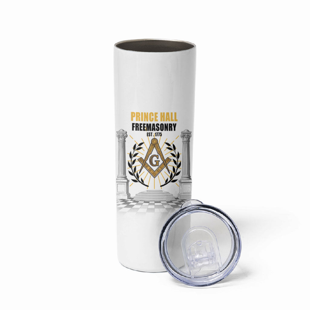 Personalized Prince Hall Freemasonry Skinny Tumbler Masonic Square And Compass Vintage Gold Pillar Illustration
