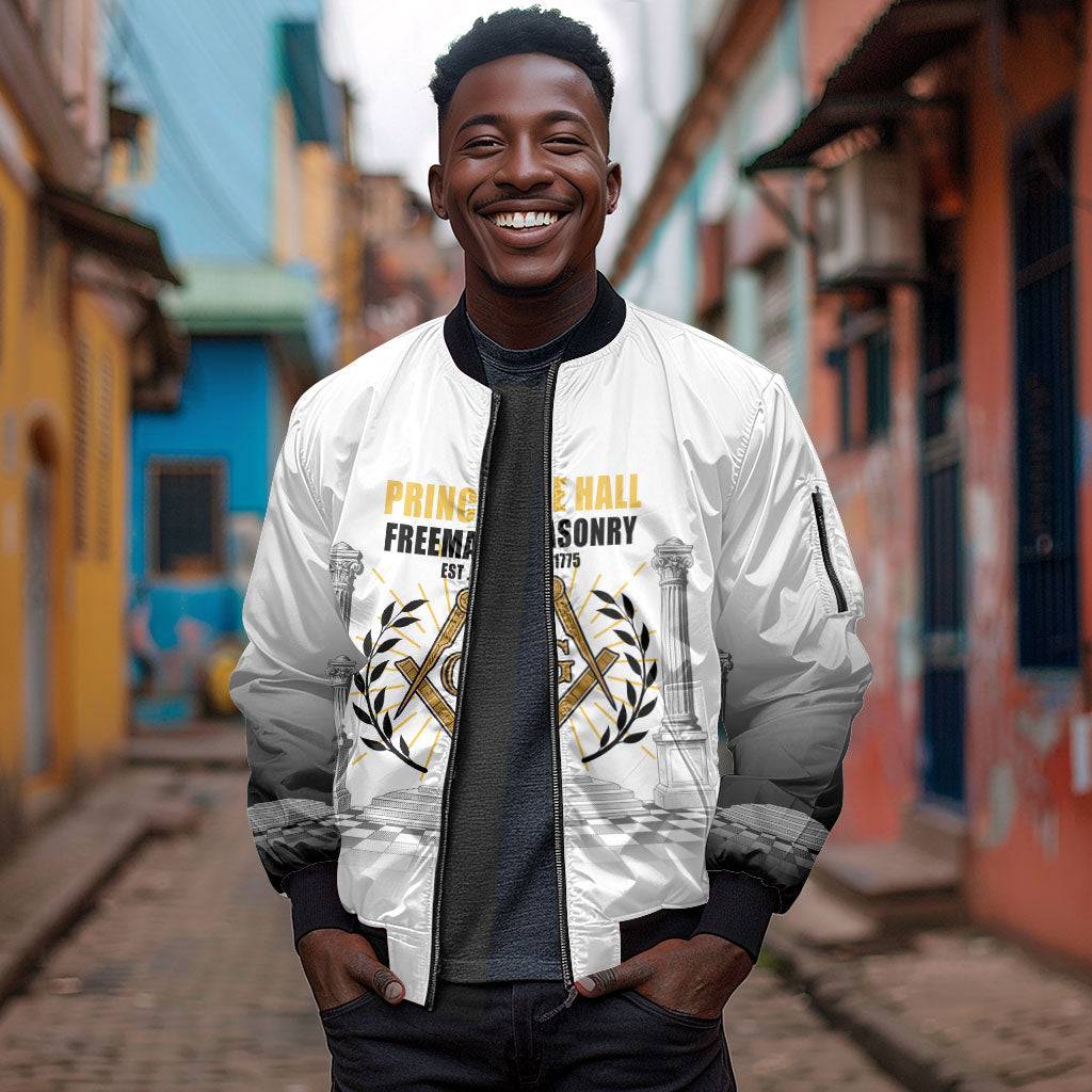 Personalized Prince Hall Freemasonry Sleeve Zip Bomber Jacket Masonic Square And Compass Vintage Gold Pillar Illustration