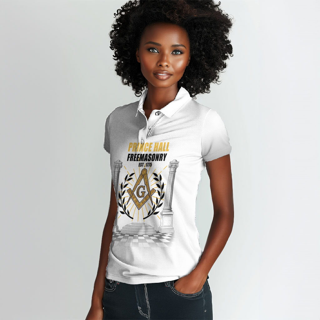 Personalized Prince Hall Freemasonry Women Polo Shirt Masonic Square And Compass Vintage Gold Pillar Illustration