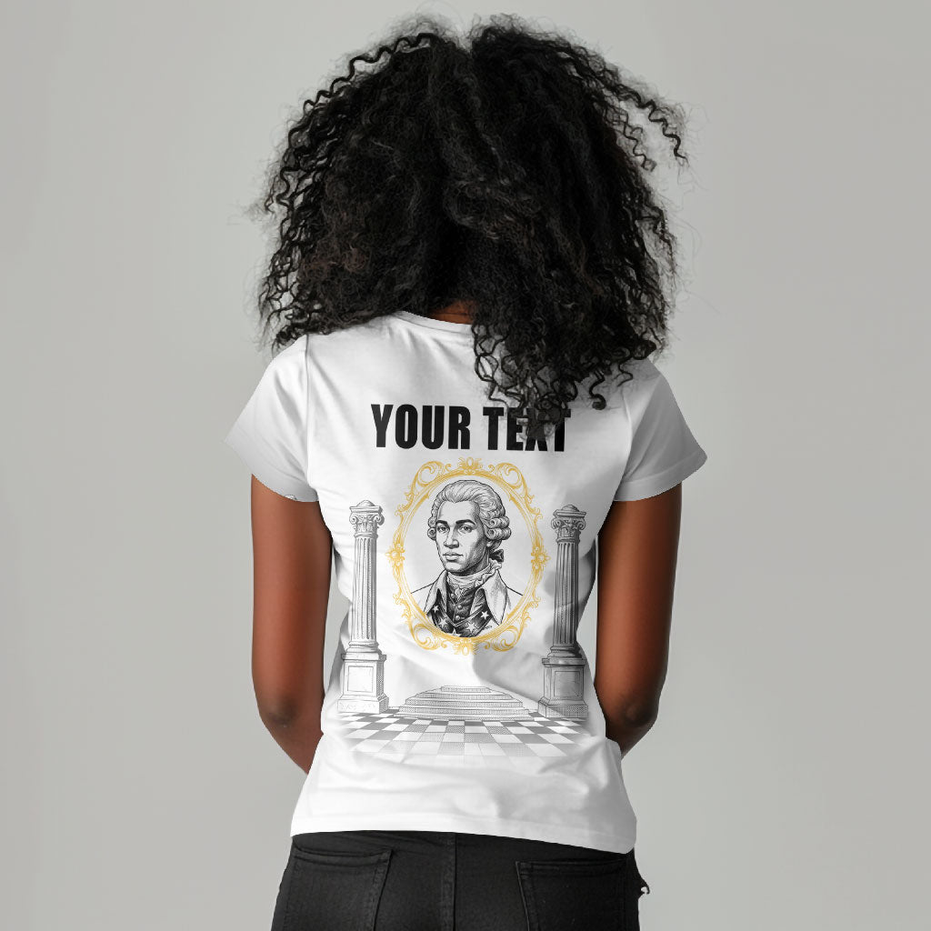 Personalized Prince Hall Freemasonry Women V-Neck T-Shirt Masonic Square And Compass Vintage Gold Pillar Illustration