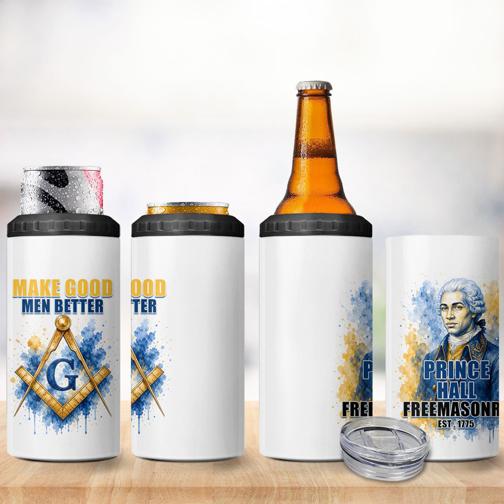 Prince Hall Freemasonry 4 in 1 Can Cooler Tumbler Square And Compass Letter G Watercolor Portrait Art