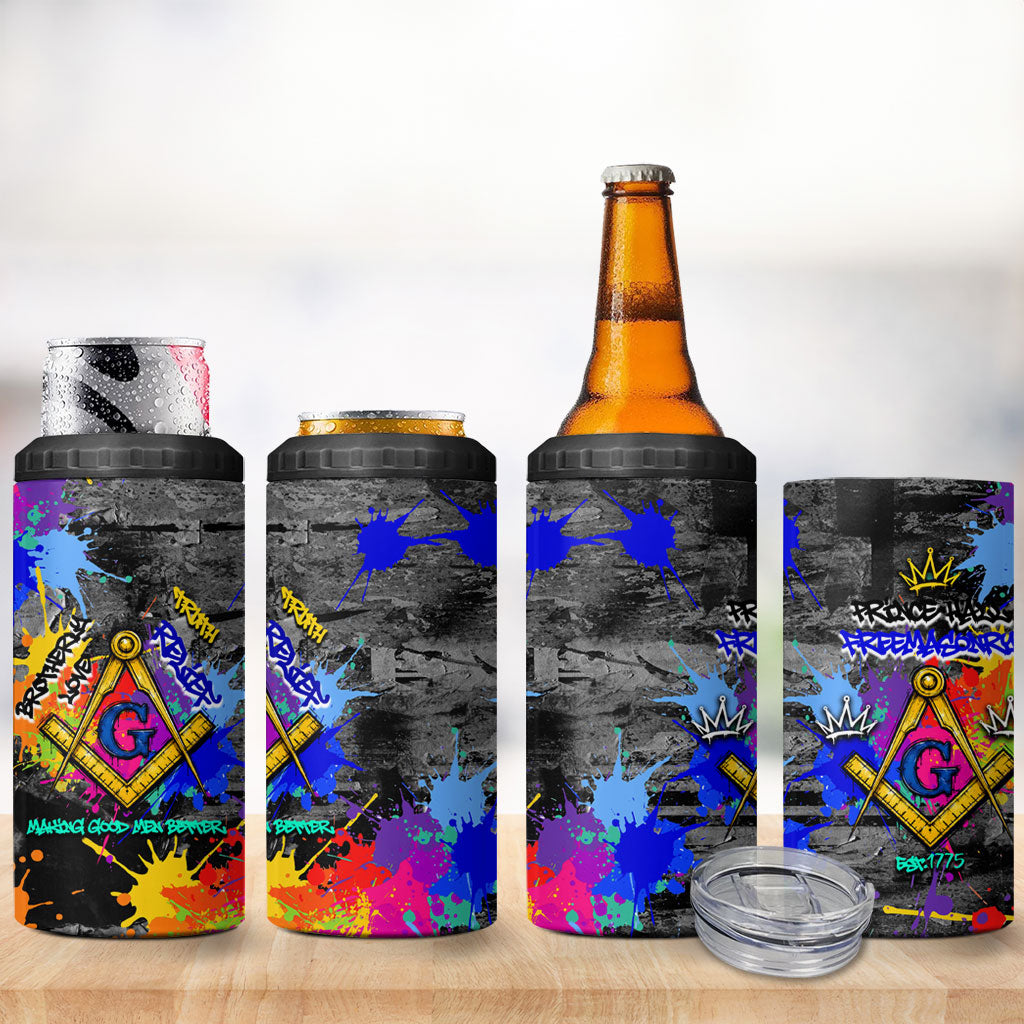 Prince Hall Freemasonry 4 in 1 Can Cooler Tumbler Colorful Graffiti Paint Splatter On Urban Stone Wall