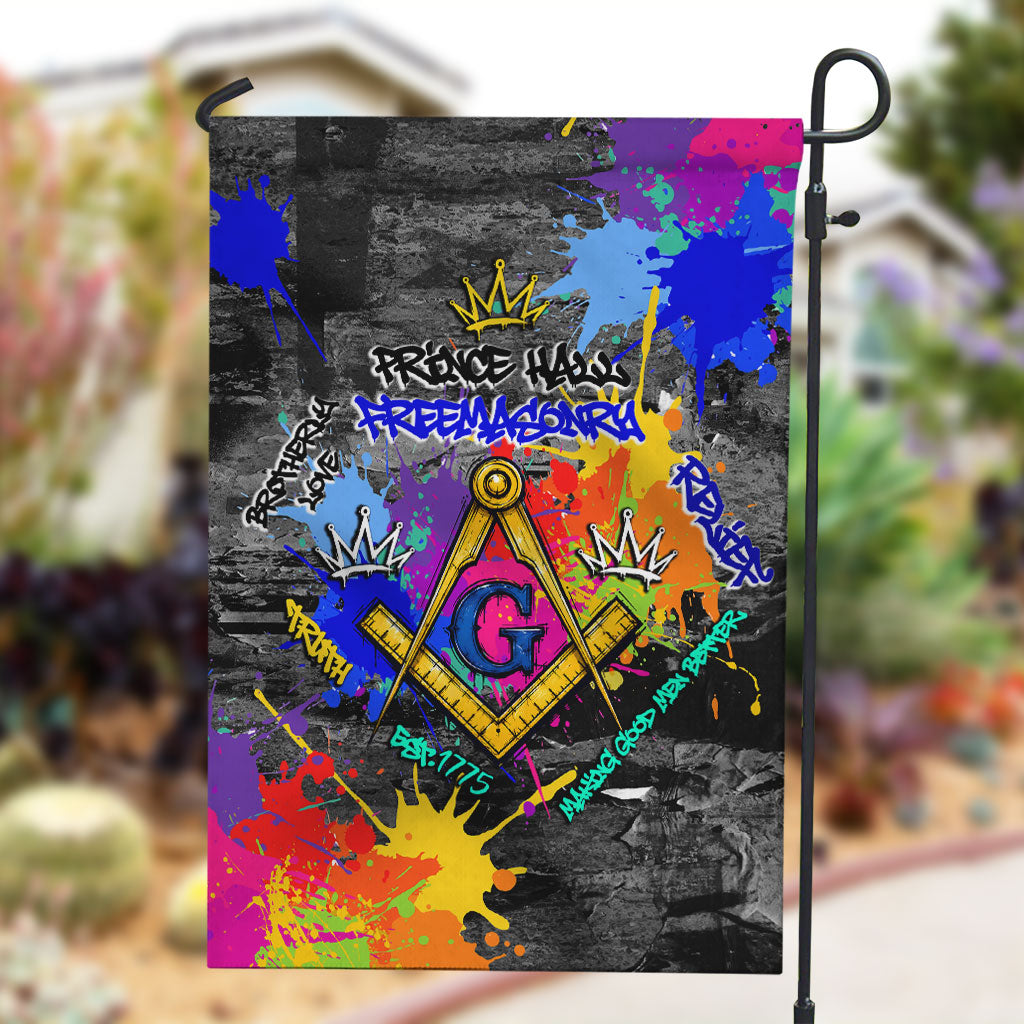 Prince Hall Freemasonry Garden Flag Colorful Graffiti Paint Splatter On Urban Stone Wall