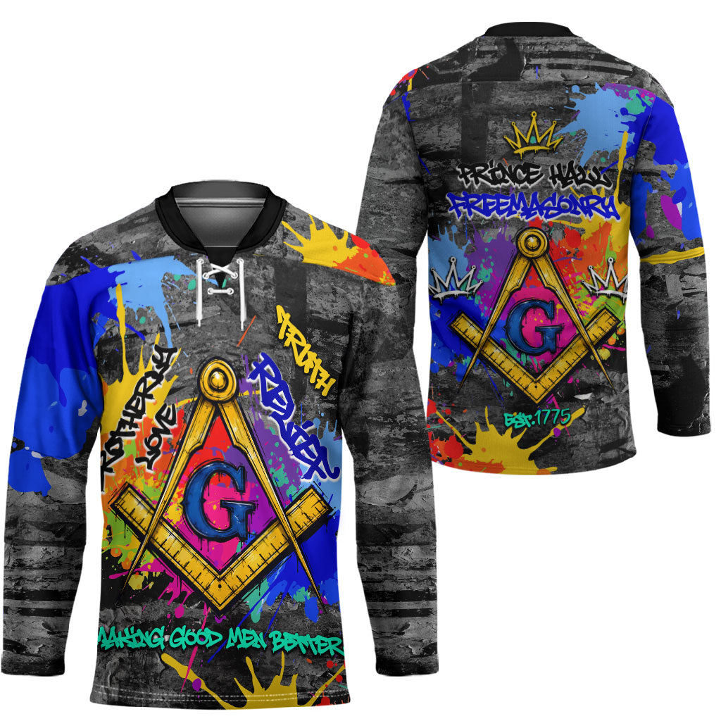 Prince Hall Freemasonry Hockey Jersey Colorful Graffiti Paint Splatter On Urban Stone Wall