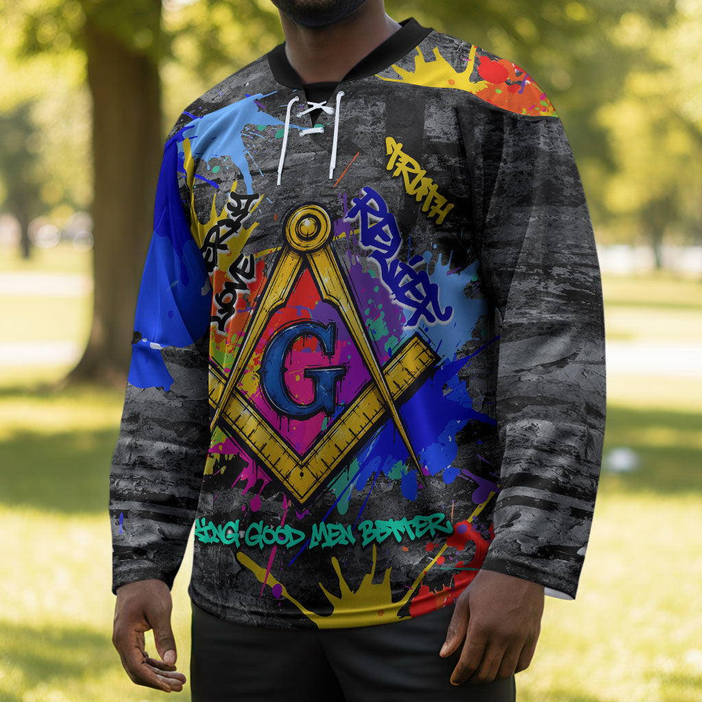 Prince Hall Freemasonry Hockey Jersey Colorful Graffiti Paint Splatter On Urban Stone Wall