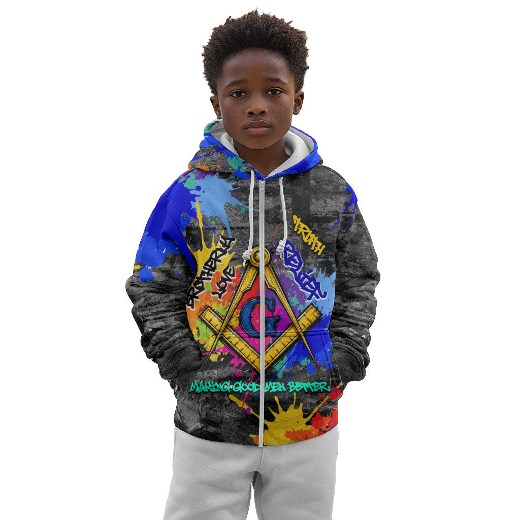 Prince Hall Freemasonry Kid Hoodie Colorful Graffiti Paint Splatter On Urban Stone Wall
