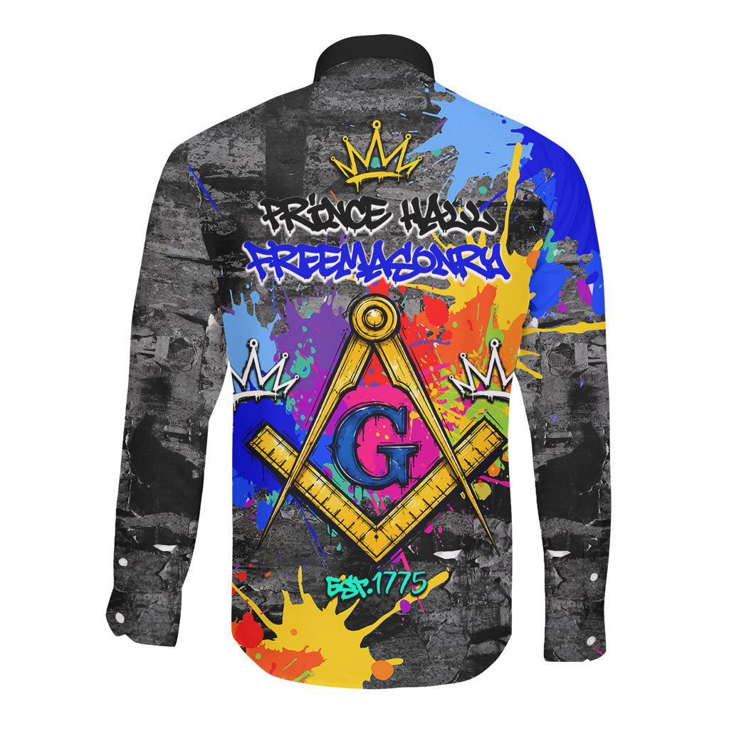 Prince Hall Freemasonry Long Sleeve Button Shirt Colorful Graffiti Paint Splatter On Urban Stone Wall