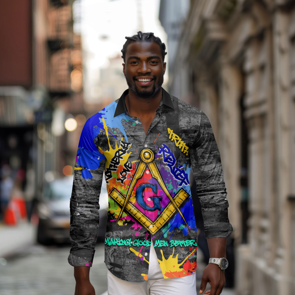 Prince Hall Freemasonry Long Sleeve Button Shirt Colorful Graffiti Paint Splatter On Urban Stone Wall