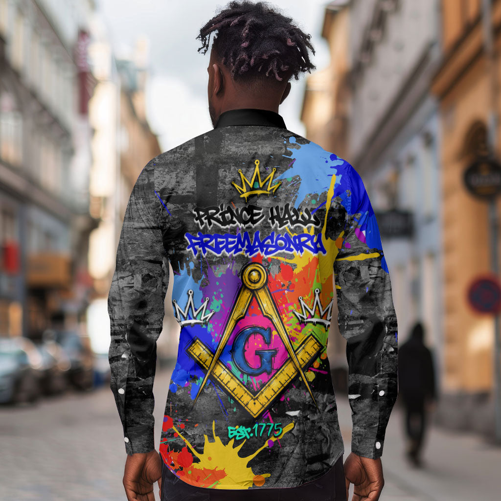 Prince Hall Freemasonry Long Sleeve Button Shirt Colorful Graffiti Paint Splatter On Urban Stone Wall