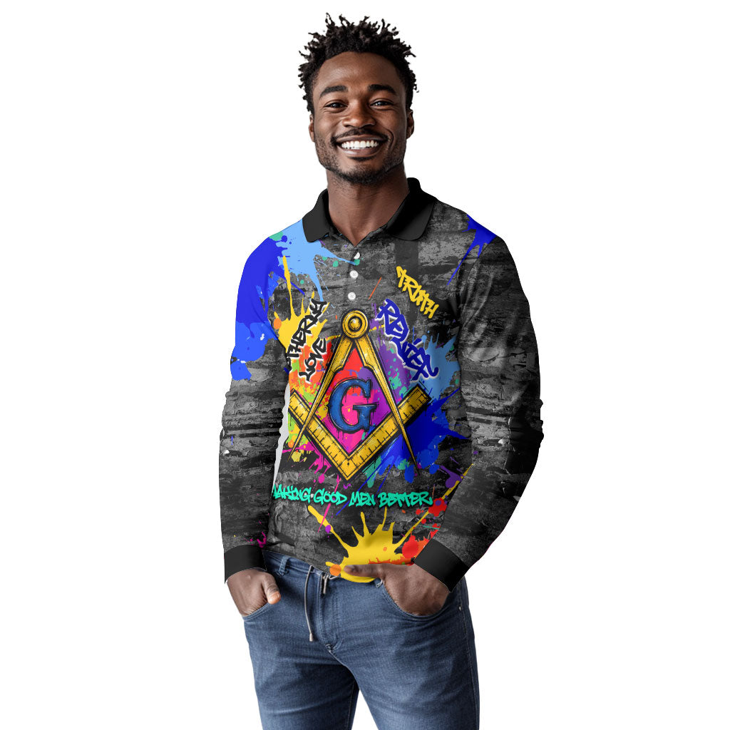 Prince Hall Freemasonry Long Sleeve Polo Shirt Colorful Graffiti Paint Splatter On Urban Stone Wall