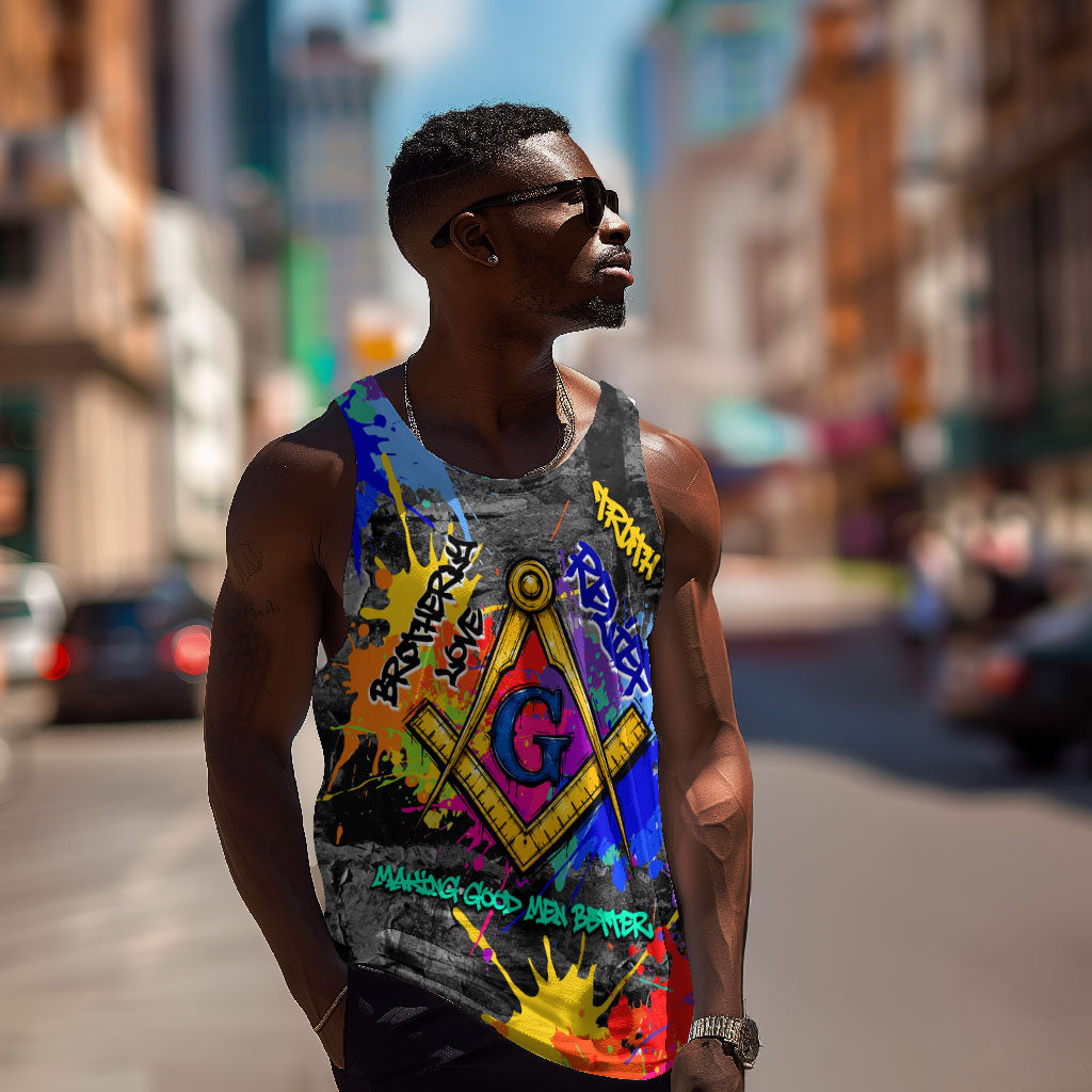Prince Hall Freemasonry Men Tank Top Colorful Graffiti Paint Splatter On Urban Stone Wall