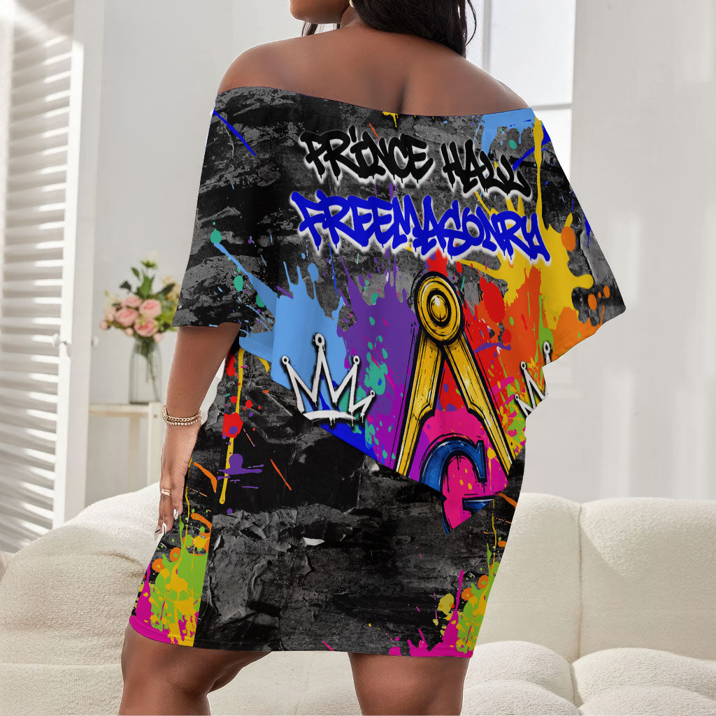 Prince Hall Freemasonry Off Shoulder Short Dress Colorful Graffiti Paint Splatter On Urban Stone Wall