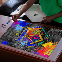 Prince Hall Freemasonry Puzzle Colorful Graffiti Paint Splatter On Urban Stone Wall
