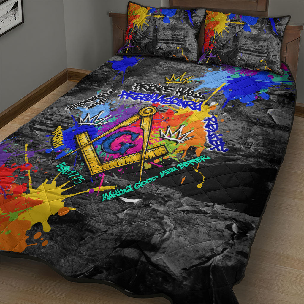 Prince Hall Freemasonry Quilt Bed Set Colorful Graffiti Paint Splatter On Urban Stone Wall
