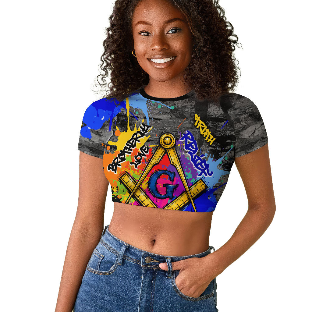 Prince Hall Freemasonry Raglan Cropped T shirt Colorful Graffiti Paint Splatter On Urban Stone Wall