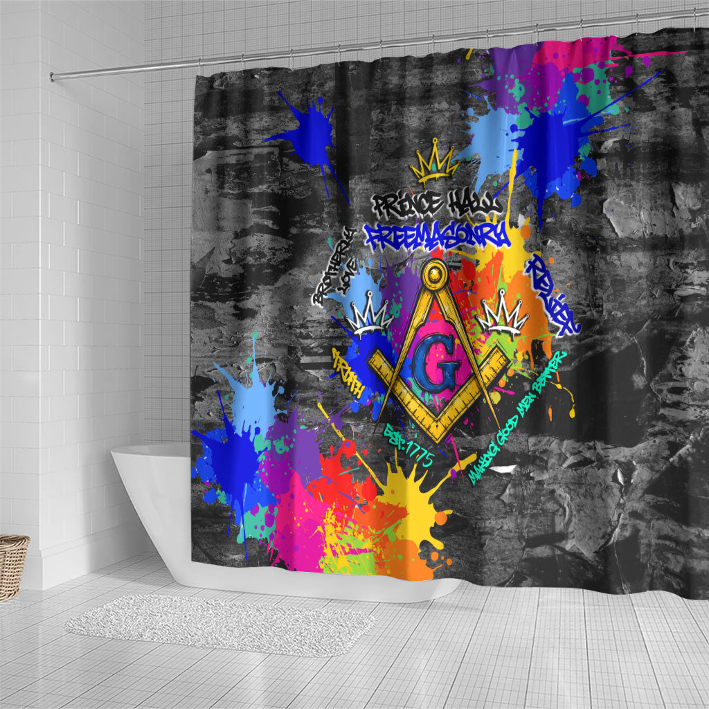 Prince Hall Freemasonry Shower Curtain Colorful Graffiti Paint Splatter On Urban Stone Wall