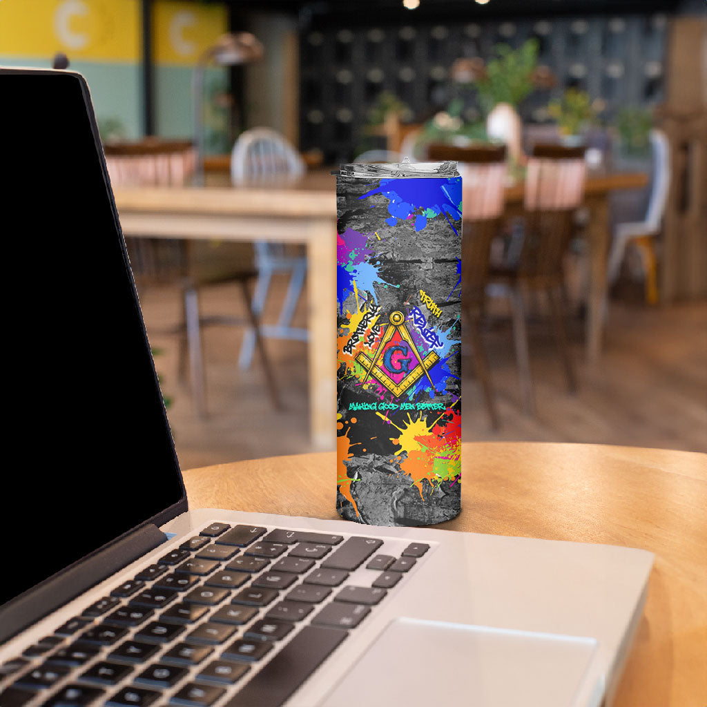 Prince Hall Freemasonry Skinny Tumbler Colorful Graffiti Paint Splatter On Urban Stone Wall