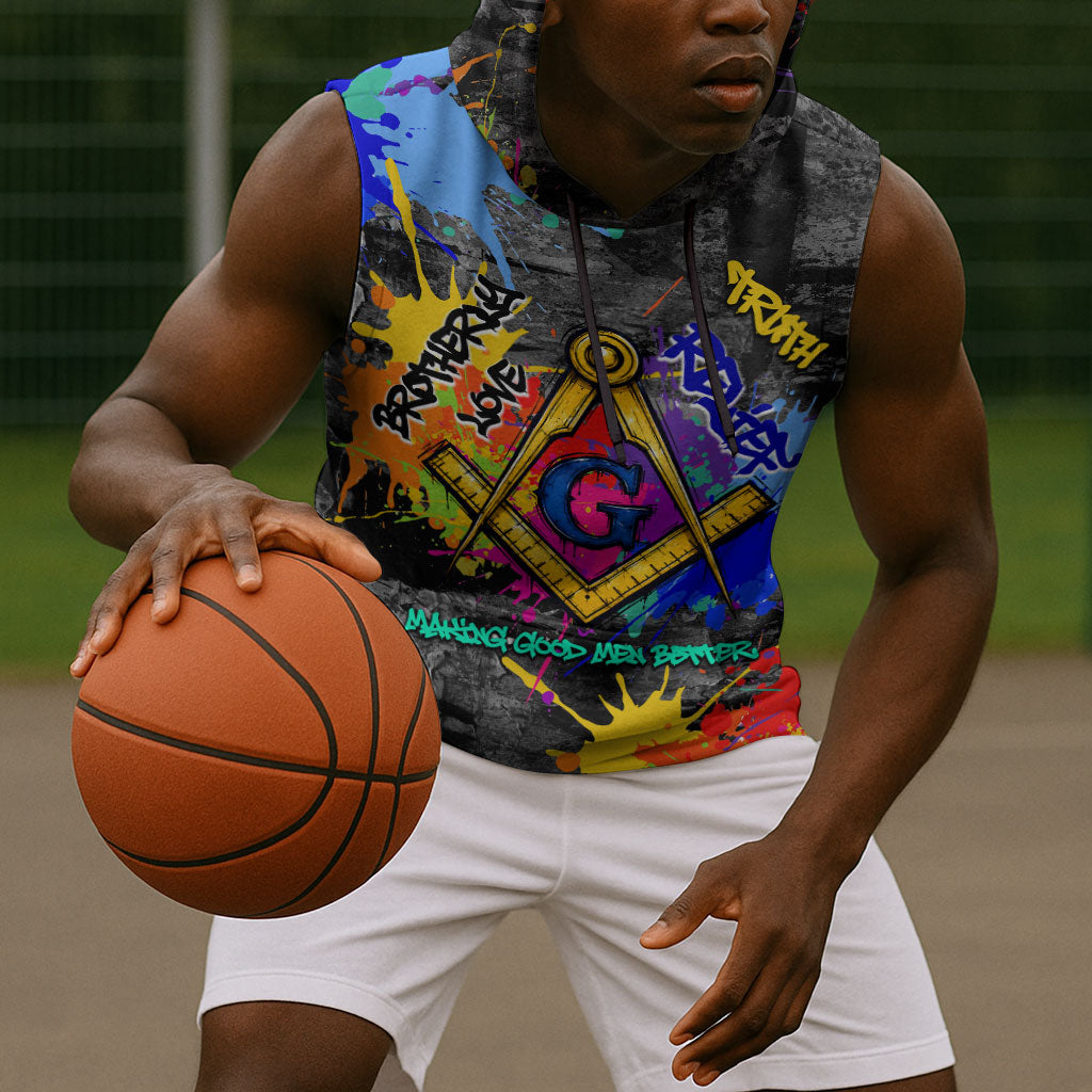 Prince Hall Freemasonry Sleeveless Hoodie Colorful Graffiti Paint Splatter On Urban Stone Wall