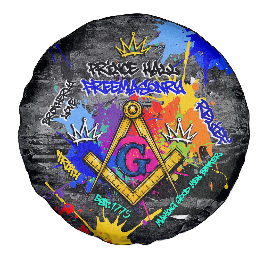 Prince Hall Freemasonry Spare Tire Cover Colorful Graffiti Paint Splatter On Urban Stone Wall