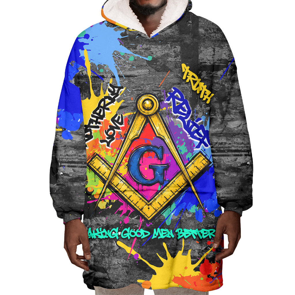 Prince Hall Freemasonry Wearable Blanket Hoodie Colorful Graffiti Paint Splatter On Urban Stone Wall