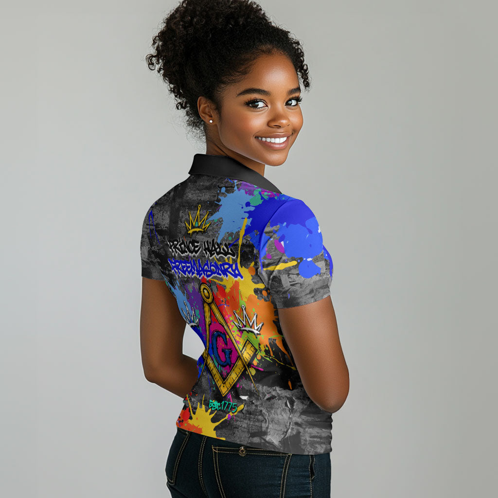 Prince Hall Freemasonry Women Polo Shirt Colorful Graffiti Paint Splatter On Urban Stone Wall