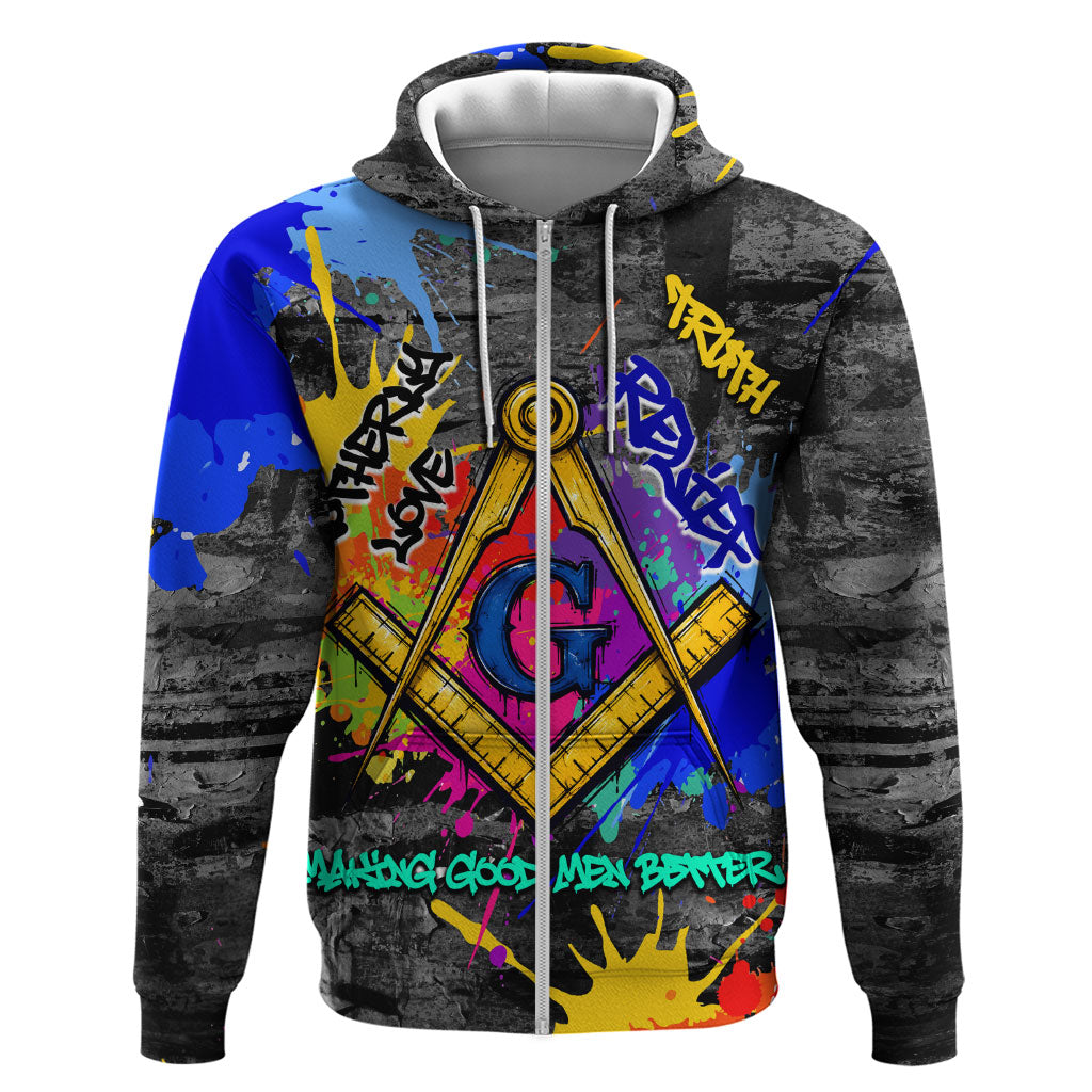 Prince Hall Freemasonry Zip Hoodie Colorful Graffiti Paint Splatter On Urban Stone Wall
